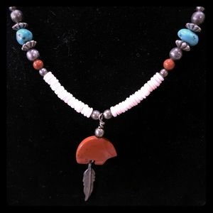 Jasper Bear Pendant Turquoise Heishi Bead Necklace
